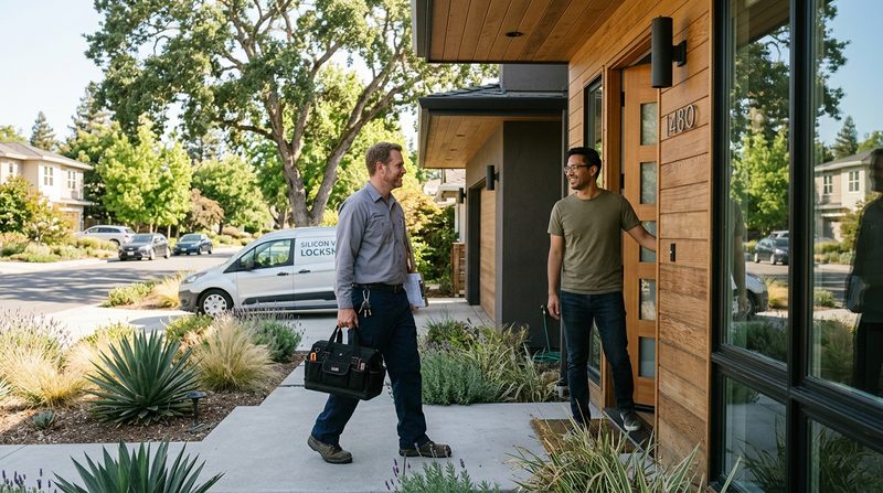 Locksmith arriving at Mountain View home with professional tool bag