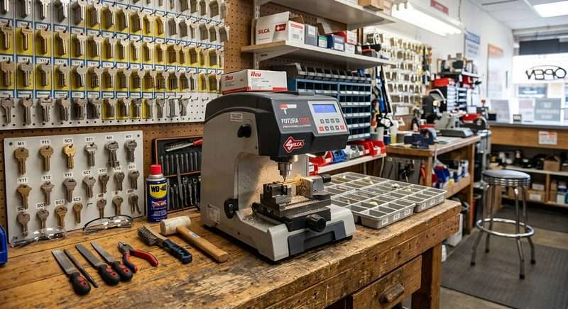 Professional key cutting machine on locksmith workbench