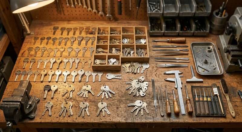 Key blanks and locksmith keys on workshop bench