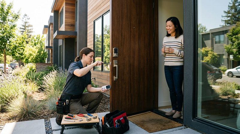 Residential locksmith installing smart lock at Mountain View home